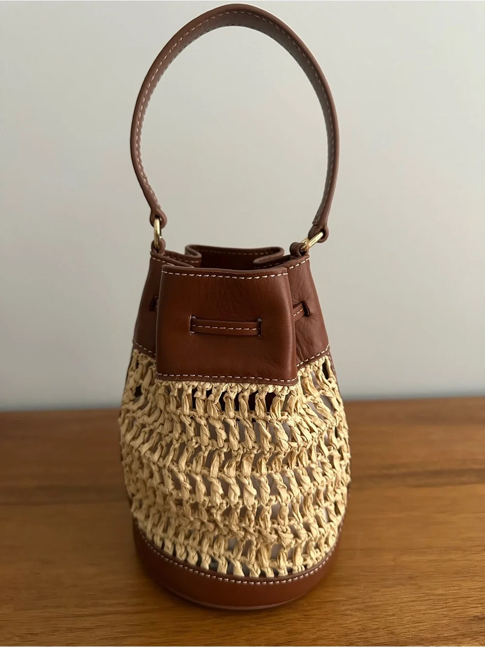 NWT J. Crew Drawstring Bag in English Saddle Leather and Straw